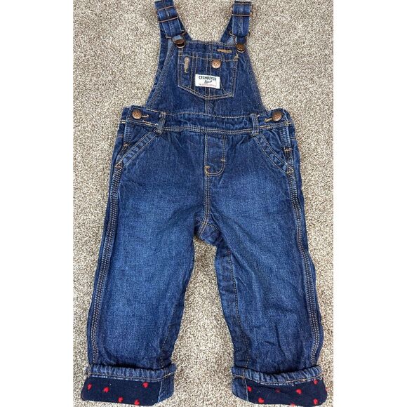 Oshkosh B'Gosh Denim Jean‎ Overalls~Blue Fleece Lined w Red Hearts~12 Months - Picture 1 of 7